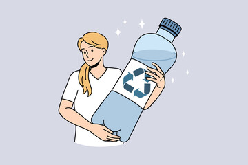 Wall Mural - Pure water and recycling concept. Young positive blonde woman standing and holding huge bottle of pure drinking water with recycling ecology sign vector illustration 