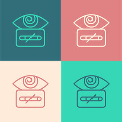 Sticker - Pop art line Hypnosis icon isolated on color background. Human eye with spiral hypnotic iris. Vector