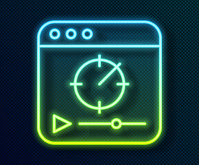 Sticker - Glowing neon line Online play video icon isolated on black background. Film strip with play sign. Vector