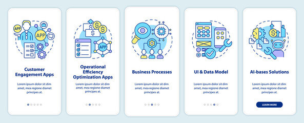 Apps created with low code platforms onboarding mobile app screen. Web walkthrough 5 steps graphic instructions pages with linear concepts. UI, UX, GUI template. Myriad Pro-Bold, Regular fonts used
