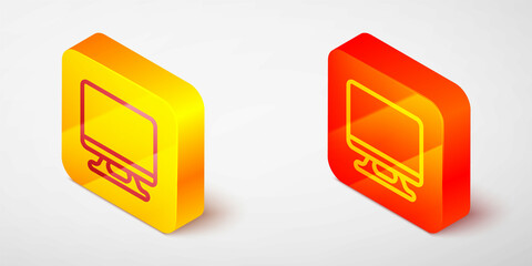 Sticker - Isometric line Smart Tv icon isolated on grey background. Television sign. Yellow and orange square button. Vector