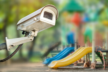 CCTV Closed circuit camera, TV monitoring at kindergarten school playground outdoor for kid children, security system concept.