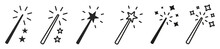 Set Of Magic Wand Icons. Magic Wand With A Star, Wizard Tool. Magic And Miracle Symbols. Wizard Stick For Apps And Web Sites, Vector.