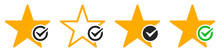 Set Of Star Favorite Icons With Confirmation Checkmark. Star And Tick Icon. Star With A Check Mark. Vector Illustration.