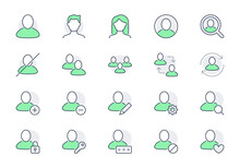 Users Line Icons. Vector Illustration Include Icon - Head, Member, Face, Member, People, Login, Woman, Man, Teamwork Outline Pictogram For Default Profile Avatar. Green Color, Editable Stroke
