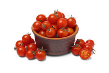 Brown Bowl With Cherry Tomatoes Isolated On White Background.