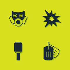 Poster - Set Gas mask, Military dog tag, Anti-tank hand grenade and Bomb explosion icon. Vector