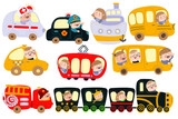 Fototapeta Pokój dzieciecy - Happy children ride on public transport. Police car, fire truck, cab, streetcar, school bus, ambulance, train, ship. Vector illustration in cartoon style. For print, web design.