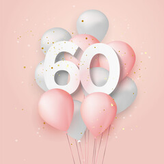 Wall Mural - Happy 60th birthday balloons greeting card background. 60 years anniversary. 60th celebrating with confetti. Vector stock	