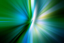 Abstract Surface Of Radial Blur Zoom Green, Blue And Yellow Tones. Delicate  Green, Blue Background With Radial, Diverging, Converging Lines.	
