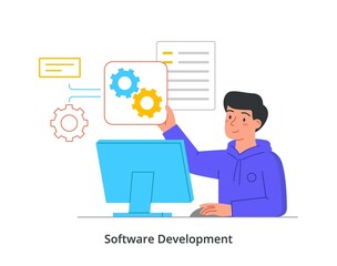 Poster - Website development abstract concept. Male programmer sits at his desk and configures program files of website or landing page. Development, improvement and coding. Cartoon flat vector illustration