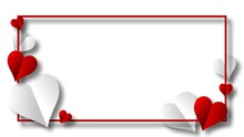 Valentines Of Paper Craft Design, Red And White Hearts On Red Frame On White Background With Place For Text In Middle - 3D Illustration