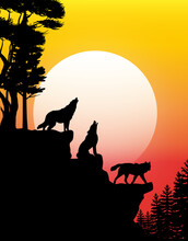 Silhouette Of A Wolf In Sunset Mountain Illustration Landscape Wallpaper And Background Vector File