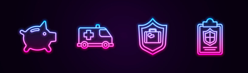 Sticker - Set line Piggy bank, Emergency car, Travel suitcase with shield and Document. Glowing neon icon. Vector