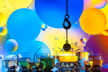 Wall Mural - transparent glass teapot and cups with tea and drops, silhouette of lifting hook on colorful background 