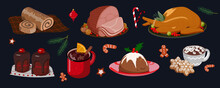 Christmas Food Set. Bunch Of Delicious Festive Dishes, Sweet Cupcakes, Baked Chicken, Meatloaf, Ginger Cookies, Mulled Wine And Warm Drinks. Cartoon Flat Vector Collection Isolated On Black Background