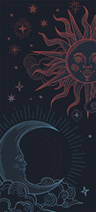 Wall Mural - abstract background mystic sun and moon with faces, red and blue