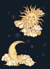 Wall Mural - mystic sun and moon with faces, yellow clouds