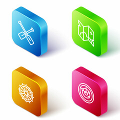 Sticker - Set Isometric line Paddle, Pirate treasure map, Ship steering wheel and Radar with targets icon. Vector