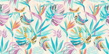 Abstract Art Seamless Pattern With Tropical Leaves And Flowers. Modern Exotic Design