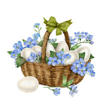 Watercolor Easter Basket With White Egg And Blue Flowers. Spring Easter Postcard Illustration.