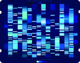 Vector graphic template of blue hues monochromatic big genomic data visualization, DNA test and genome map sequence.