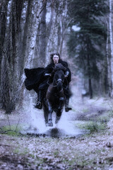 Wall Mural - black dressed young woman in historical costume speeding down the forest path as dusk falls