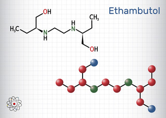 Canvas Print - Ethambutolе, EMB molecule. It is bacteriostatic agent used for treatment of tuberculosis. Structural chemical formula and molecule model