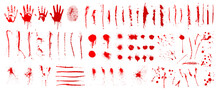 Dirty Collection Of Paint Splatter Imitating Blood, Cut Marks, Splashes, Drops, Blots, Spray, Bloody Hand And Dirty Fingerprints. Isolated Set Blood Ink With Splashes And Drops. Red Grunge Set