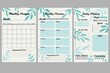 Set of minimalist planners. Daily, weekly, monthly planner template. Cute and simple printable to do list. Simple green leaves, branches. Design with pink elements.