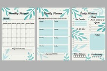 Set Of Minimalist Planners. Daily, Weekly, Monthly Planner Template. Cute And Simple Printable To Do List. Simple Green Leaves, Branches. Design With Pink Elements.