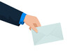 Businessman sending letter. Business man hand holding envelope. Receiving and dispatch postal correspondence. Receipt of notice vector eps illustration
