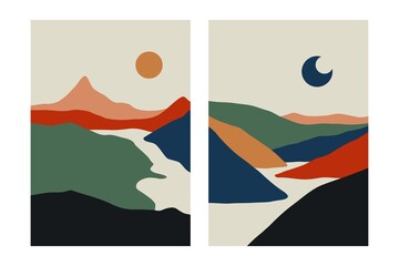 Wall Mural - landscape minimalist posters. abstract nature contemporary mountain wallpapers, hand drawn backgroun
