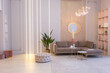 luxurious modern interior of the living room of an expensive spacious bright apartment. upholstered furniture and decorative lighting, soft pastel colors and cozy atmosphere