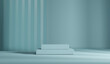 © hitdelight - Clean blue podium platform for cosmetics and beauty products. 3d rendering pedestal stand show. Empty stage studio scene background.