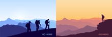 Travelers With Backpacks Climb A Mountain, A Man With A Backpack Standing On Top Of A Mountain Or Cliff. Hiking. Travel Concept Of Discovering, Exploring And Observing Nature. Vector Backgrounds Set.