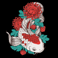 Wall Mural - Koi carp and chrysanthemum flowers. Vector illustration. Tattoo print. Hand drawn illustration for t-shirt print, fabric and other uses.