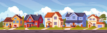 Urban Or Suburban Neighborhood Morning Or Afternoon. Poster With Private Houses, Mailboxes, Lawns And Garages. Suburb Village Landscape With Cottage Buildings. Cartoon Flat Vector Illustration