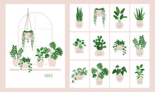 Vector Calendar 2023 With Cover And Illustrations Of Houseplants In Pots.