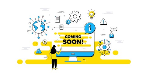Sticker - Coming soon text. Internet safe data infographics. Promotion banner sign. New product release symbol. Coming soon information message. Isolated AI privacy banner. Vector