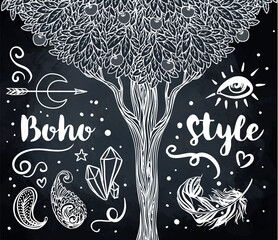 Wall Mural - Gypsy Love: Set of Ornamental Boho Style Elements. Vector illustration. Tattoo template. Trendy hand drawn tribal symbol collection. Hippie design elements. Coloring book pages for adults.