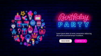 Wall Mural - Birthday party neon landing page template with bright icons. Circle layout with text. Greeting card. Vector illustration