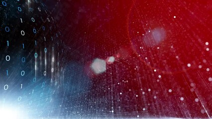 Red and blue digital computer network cyberspace with binary data numbers animation background.
