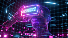 3D Render, Futuristic Neon Background. Visualization Of A Man Wearing Virtual Reality Glasses, Electronic Head Device. User Interface. Player One Ready For The Game In Cyber Space