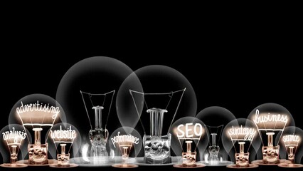 Poster - Group of light bulbs in a row going from dark to light with Digital Marketing, Brand, SEO, Business, Advertising and Strategy fiber text on black background. High quality 4k video.