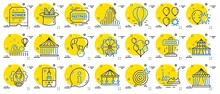 Amusement Park Line Icons. Set Of Carousel, Roller Coaster And Circus Icons. Air Balloon, Crane Claw Machine And Fastpass Symbols. Circus Amusement Park Tickets. Ferris Wheel Carousel. Vector
