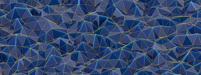 3d render, abstract sapphire blue crystal shaped wax plastic background, macro panorama, wide panoramic polygonal wallpaper