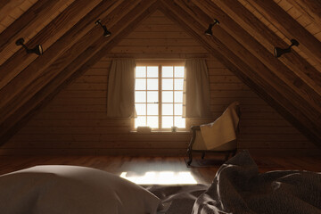 3d rendering of wooden attic room with bright light at window