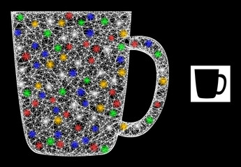 Wall Mural - Bright crossing mesh mug with multi colored bright dots. Illuminated vector mesh created from mug symbol. Sparkle frame mesh mug, on a black backgound.