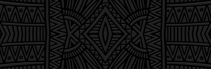 Art banner, cover design. Dynamic geometric ethnic 3d pattern on black background, embossed texture. Decor for business background, magazine layout, brochure, booklet, flyer, website.